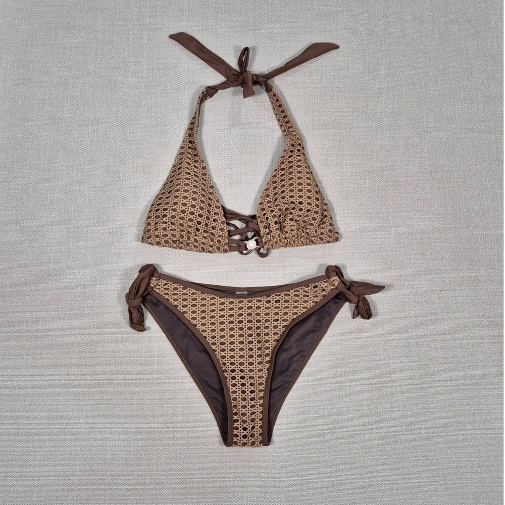 Unbranded Brown Crochet Knit Halter Triangle Bikini Set Size M Side Tie Bottoms